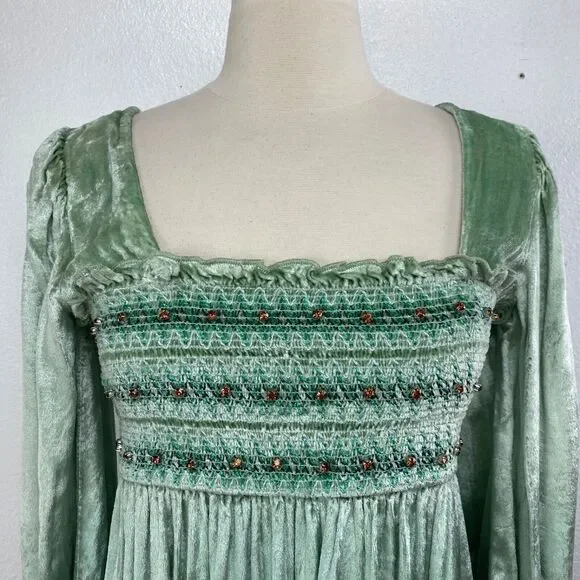 Urban Outfitters Green Velvet Dress Med Rhinestone Fairy Festival Boho Romantic - Picture 2 of 14